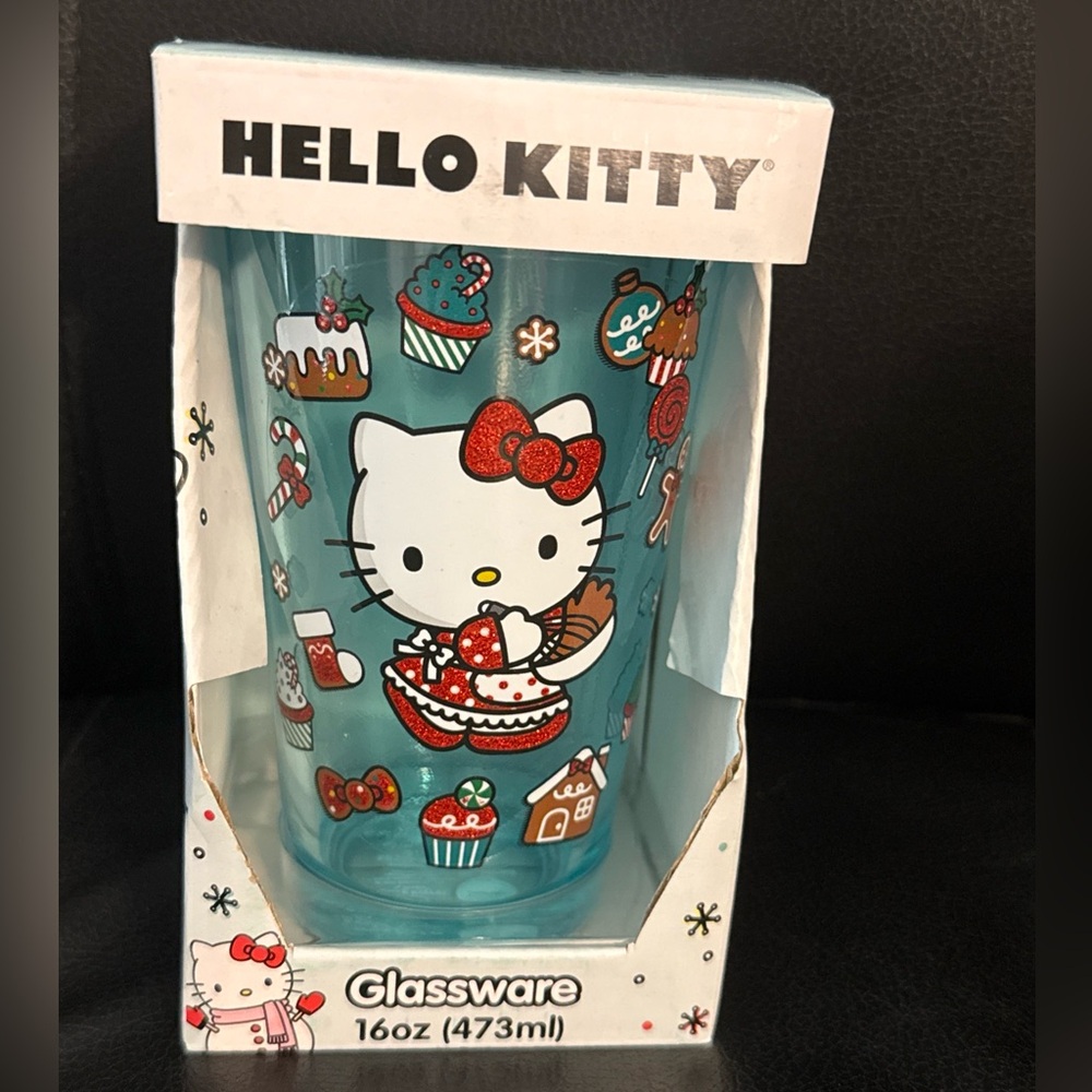 Hello Kitty Christmas Glass Cup gingerbread blue 16 ounce